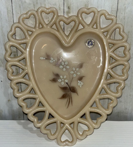 VTG Westmoreland Hand Painted Milk Glass Heart Signed w/Tags ~ Opaline 1979