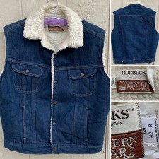 Vintage Roebucks Western West Denim Vest faux Sherpa Lined 42 R