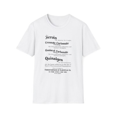 Vintage Bayer Heroin Ad T-Shirt Retro Pharmacy Medical Curio Unisex Graphic Tee