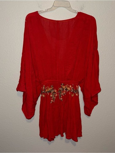 Free People Pretty Pineapple Dress Poppy Red Gold Embroidered Boho Mini Size M - Picture 3 of 10