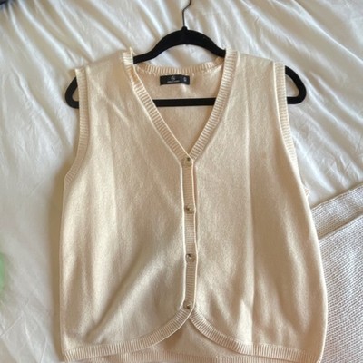 Lillusory Knit Button Front Sleeveless Vest Beige V Neck Solid Size L