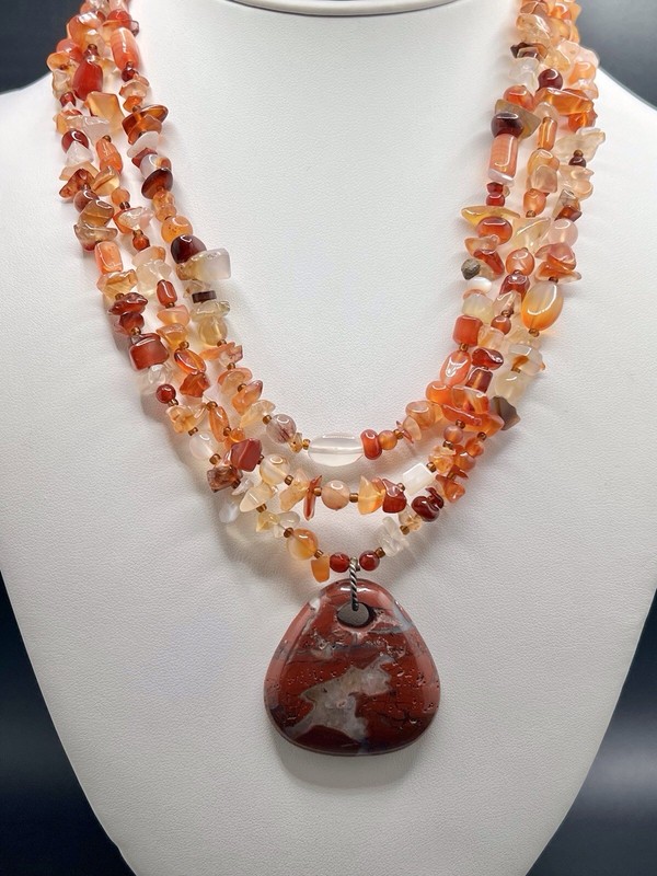 TICA ROSA 925 Sterling Silver /Carnelian Bead/Jasper Pendant Necklace 3 Strand