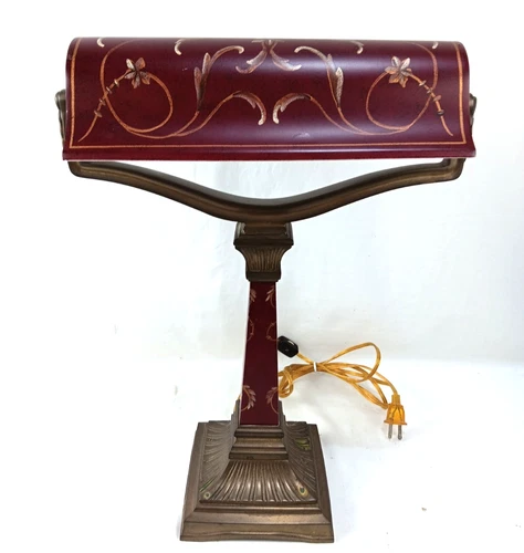 Vintage 17 1/2"Frederick Cooper Burgundy Desk/Banker's Lamp Ornate Hand Painted