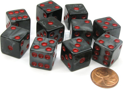Set of 10 D6 16mm Marbleized Square Corner Dice - Charcoal with Red Pips