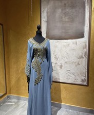Fashion Stylish Farasha Georgette Blue Dress Handmade Moroccan Gown Dubai Kaftan