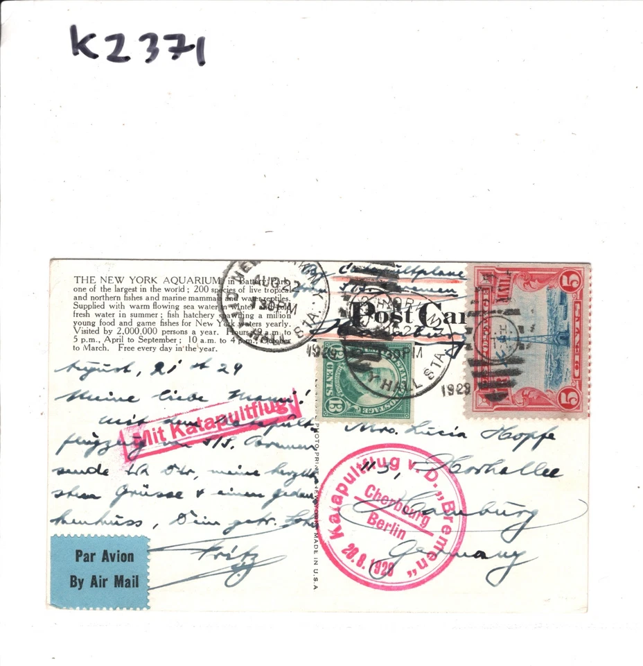 USA Air Mail Card CATAPULT MAIL *Bremen* Germany New York 1929 KZ371 - Image 3 of 4