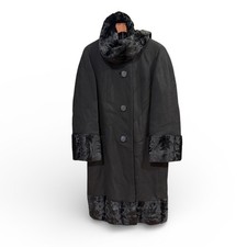 Vtg 60s Black Textured Long Coat Faux Fur Trim Scarf Collar Button Front Retro S