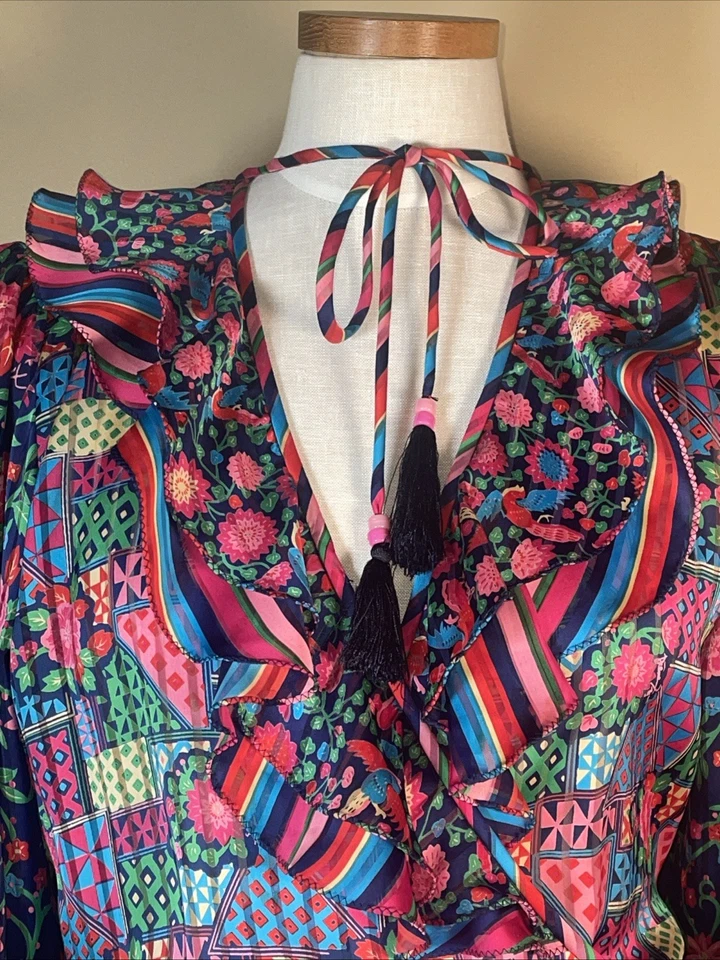 Vestido midi colorido vintage años 80 Diane Freis acanalado plisado Georgette grande Foto 4 de 4