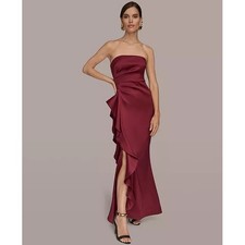 Donna Karan New York Strapless Ruffle Slit Gown Burgundy KA5BD2Q9 Size 8 NEW