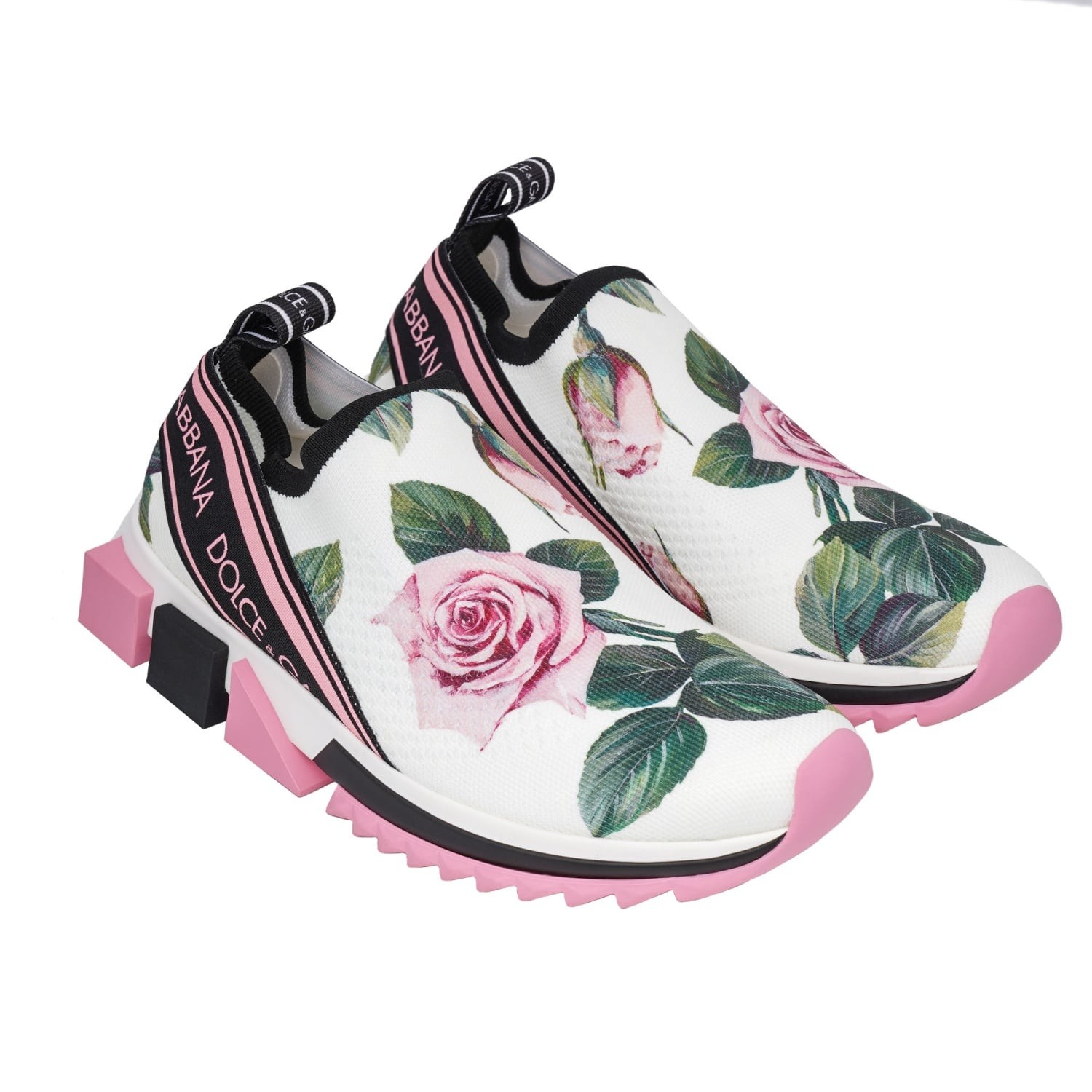 DOLCE & GABBANA DG Logo Rose Flower Slip-On Sneaker Shoes SORRENTO White Pink
