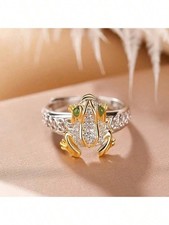 Vintage Frog Ring Size 9 With Green Eyes And Crystal Accents