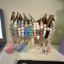 Beaded Bracelet Key Chain with Tassel, Multicolor, Silicone Faux Leather