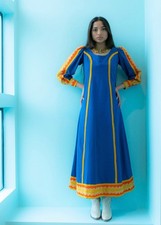 Small 70s Mexican Designer Josefa Blue Embroidered Cotton Kaftan Maxi Dress