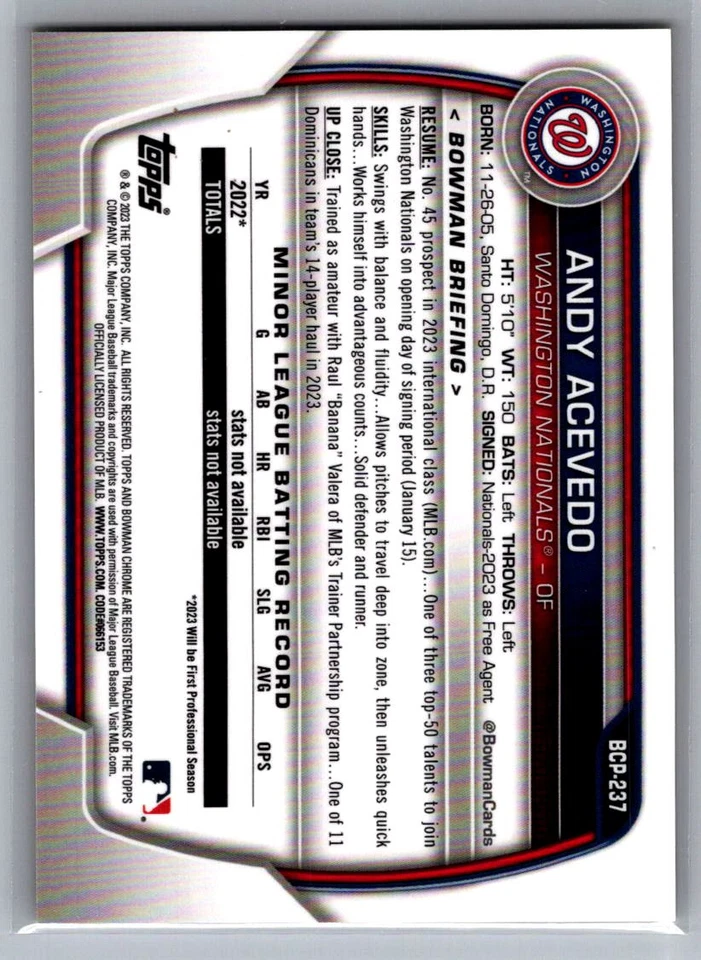 2023 Bowman Chrome Sapphire Edition #BCP-237 Andy Acevedo Prospects Yellow #/50 - Image 2 of 2