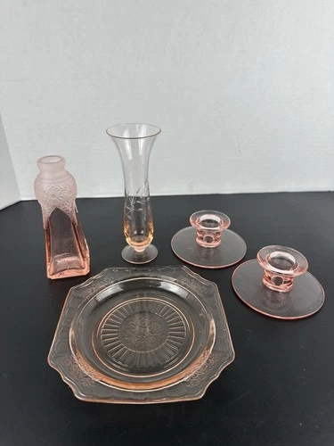 Pink Depression Glass ***5 pc LOT*** Elegant Candle Holders And Vases