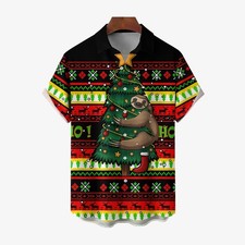 Christmas Sloth Striped Print Short Sleeved Shirt 2409010743