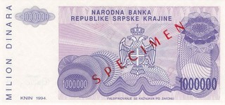 Yugoslavia 1 Million Dinara 1994 Specimen UNC