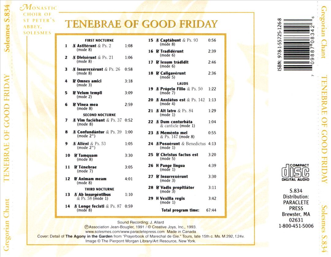 SAINT PIERRE DE SOLESMES MONKS CHOIR TENEBRAE OF GOOD FRIDAY CD