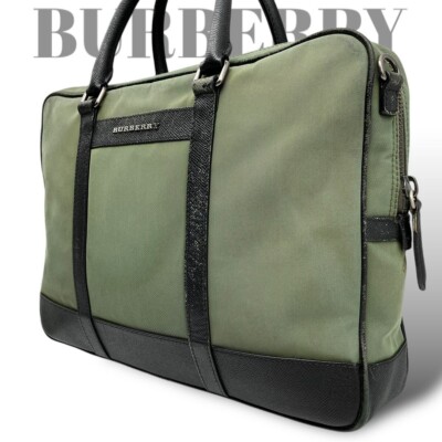 Burberry Tote Bag Nylon Green A4 Storage Business Leather