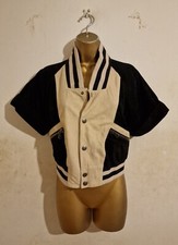 Black Beige Stripe Leather Button Pocket Zip Aviator Biker Crop Jacket 8 10 12