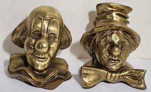 Solid Brass Clown Emmett Kelly & Clarabell Bookends / Door Stops (2)