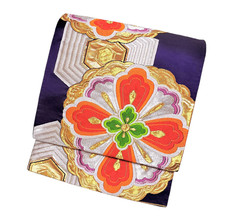 Vintage Japanese Fukuro Obi Silk Kimono Belt Purple Gold Floral Brocade Japan
