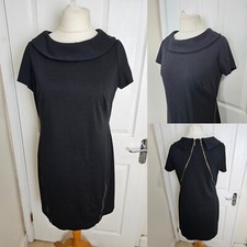 Size 14 M&S Black Short Sleeved Work Dress Oversized Collar Decorative Zips