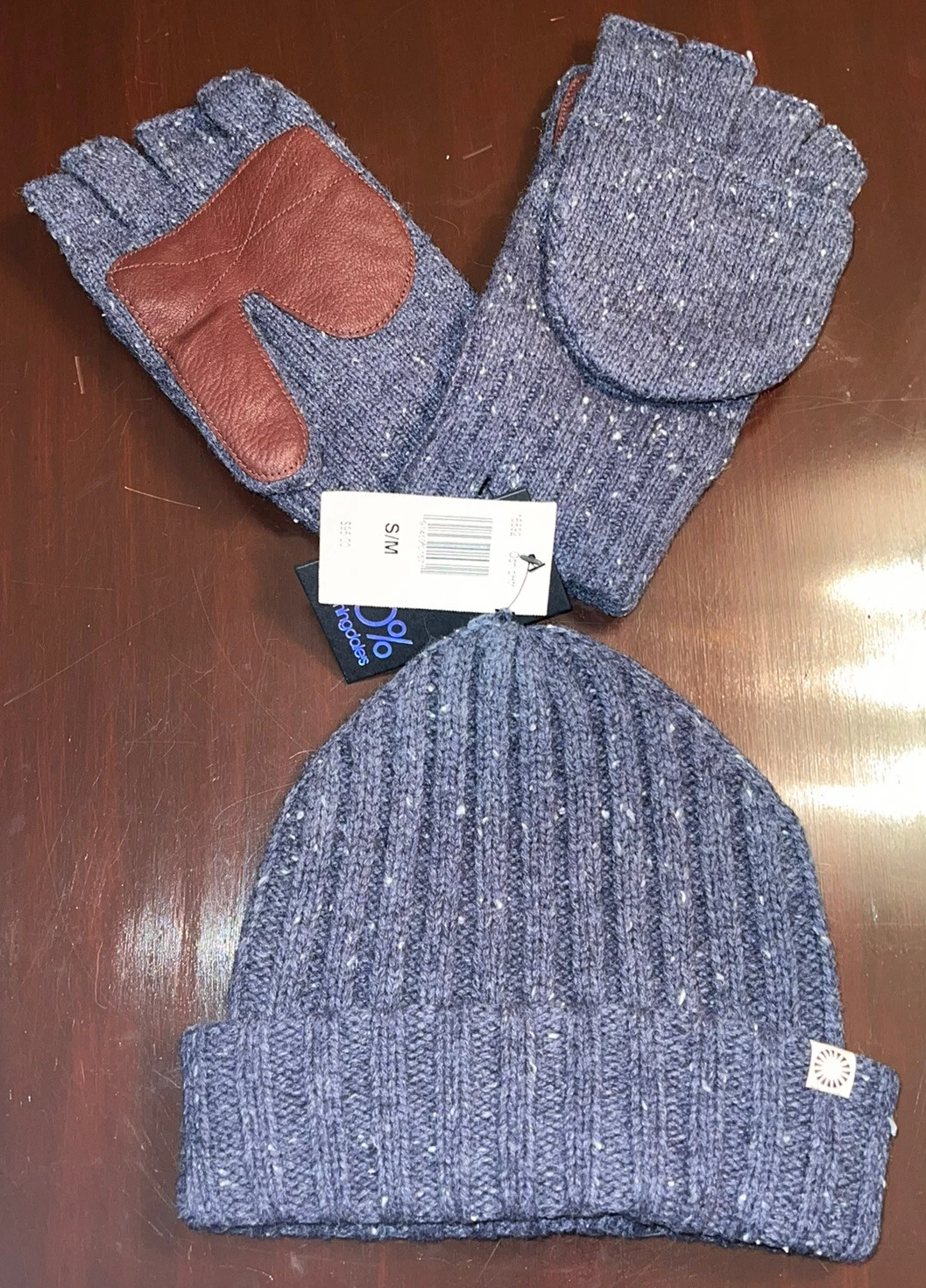 NWT UGG AUSTRALIA KNIT HAT & FINGERLESS GLOVE SET HEATHER BLUE MEN'S S/M