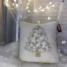 Christmas Trees Throw Pillow Velvet Beaded Embroidered Gold accents  15x15 Inch