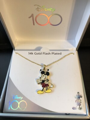 Disney Parks Disney 100 Mickey Mouse Pendant Necklace 14 K Gold Flash Plated 18 