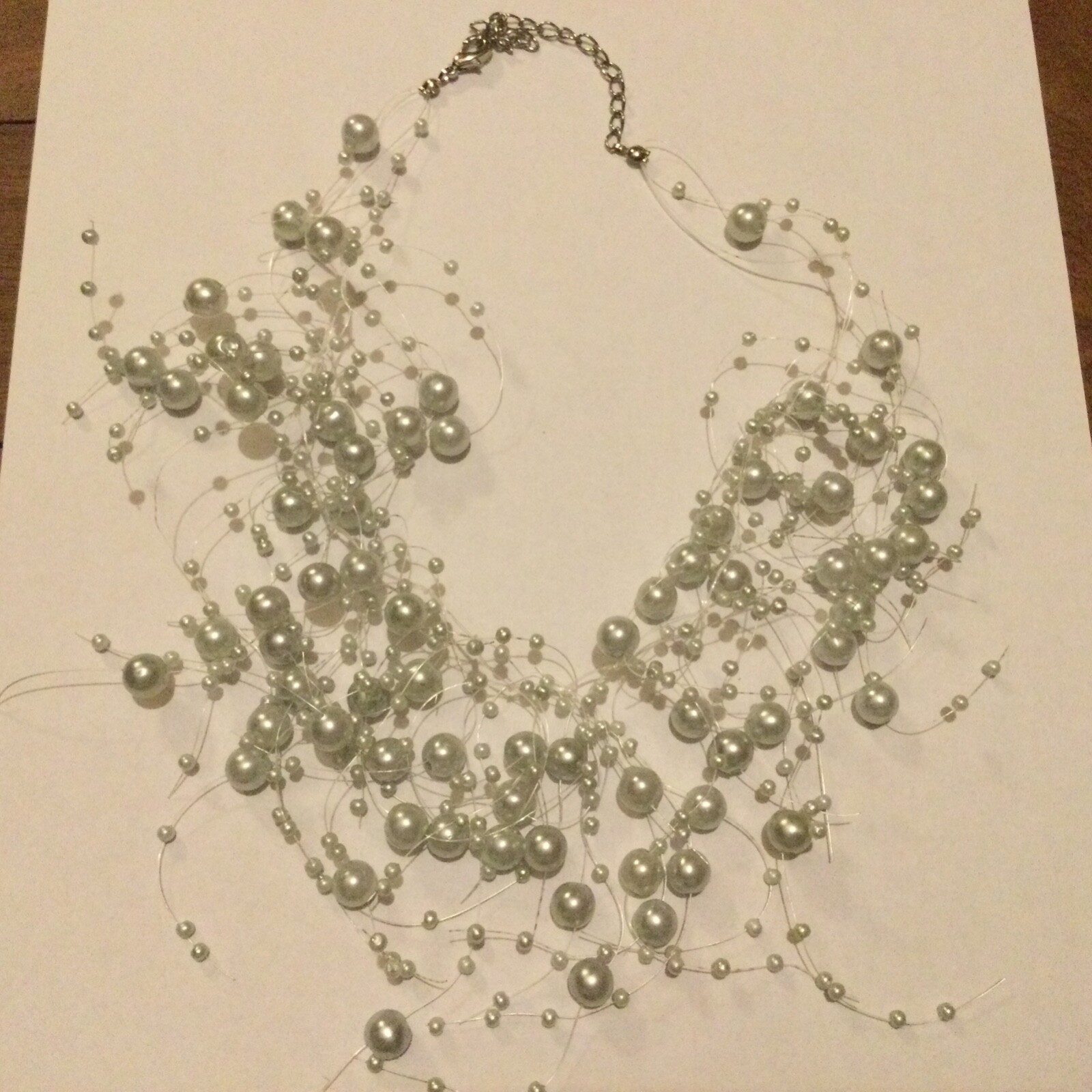 Grey Blue Faux Pearl Net Web Statement Necklace