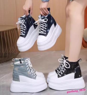 Korean Canvas Shoes Women's 13CM Wedge Inside Platform Lace Up