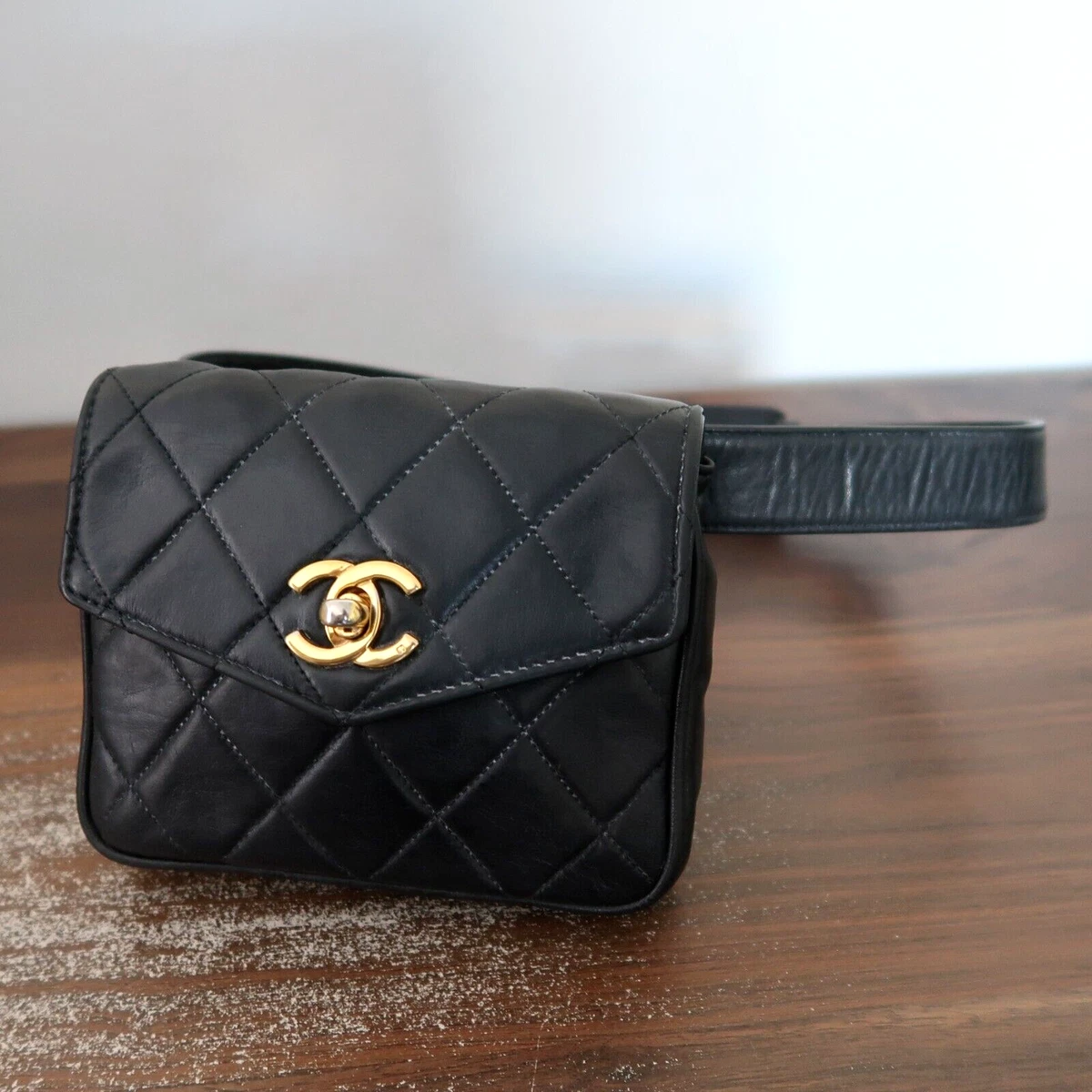 Vintage CHANEL Black Leather Waist Purse Fanny Pack With 