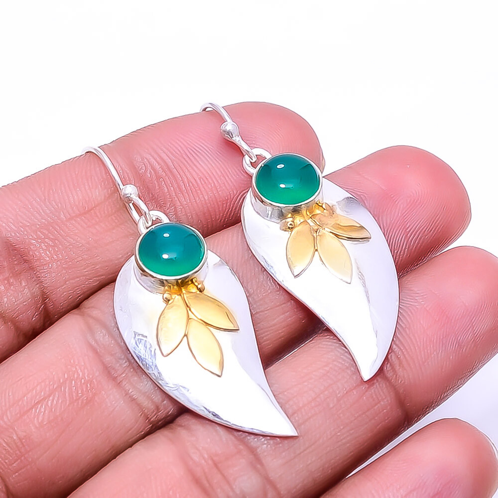 Green Onyx 925 Sterling Silver Two Tone Leaf Earring 1.95