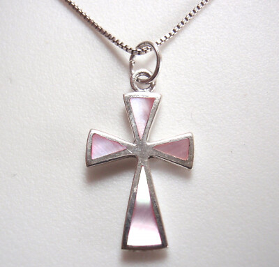 Ankh Genuine Pink Mother of Pearl Cross 925 Sterling Silver Necklace