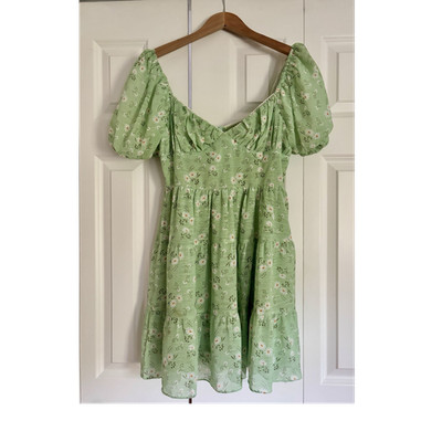 Princess Polly Cottagecore Green Floral Puff Sleeve Chiffon Mini Dress Size 6 