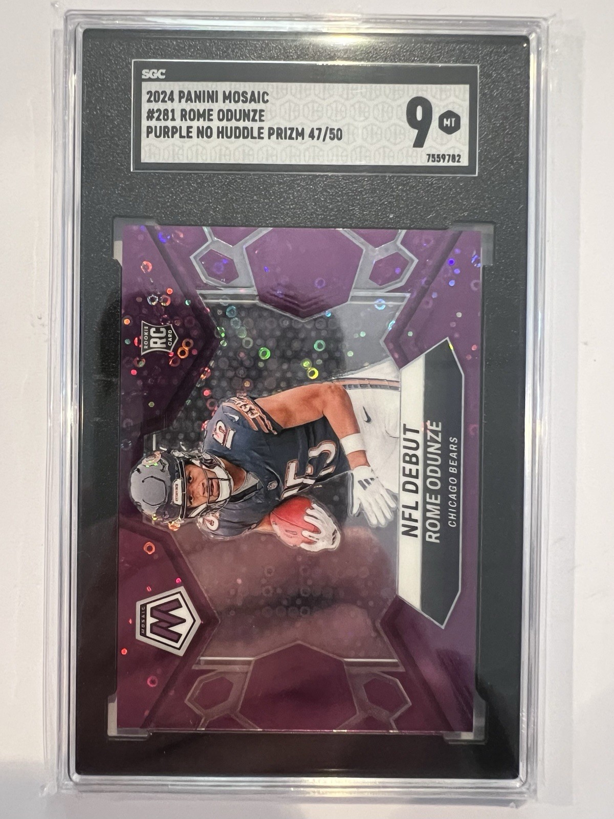 2024 Mosaic Rome Odunze #281 NFL Debut No Huddle Purple Disco 47/50 (RC)
