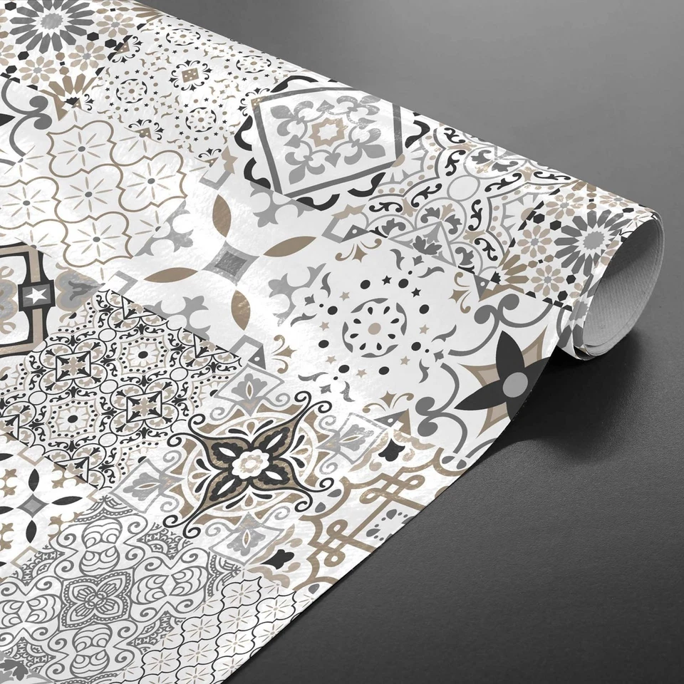 Toile cirée au mètre - Largeur 140 cm - Carreaux de ciment - Gris - Photo 3/4