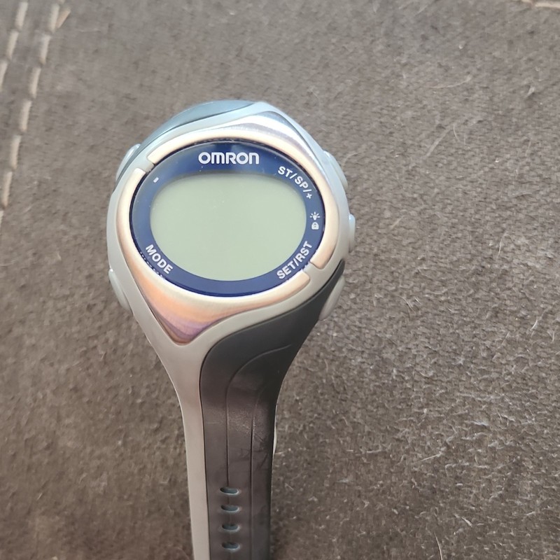 Omron HR210 Wrist Heart Rate Monitor Watch Clock Time Gray Black Blue