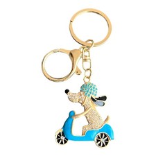 Dog on Scooter Keychain Charm 3.75" Rhinestone Gold Tone Enamel