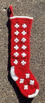 Vintage Crochet Christmas Stocking MCM Grandma Square Crocheted 18 