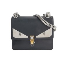 FENDI SHW Kan I Monster Eyes Chain Shoulder Bag Calfskin Leather Black