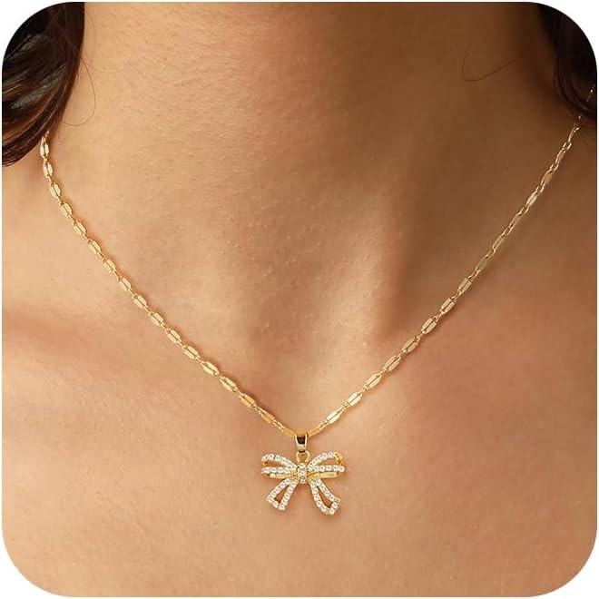 Gold Necklace for Women Bow Necklace 14K Dainty Layered Gold Necklace Cut
