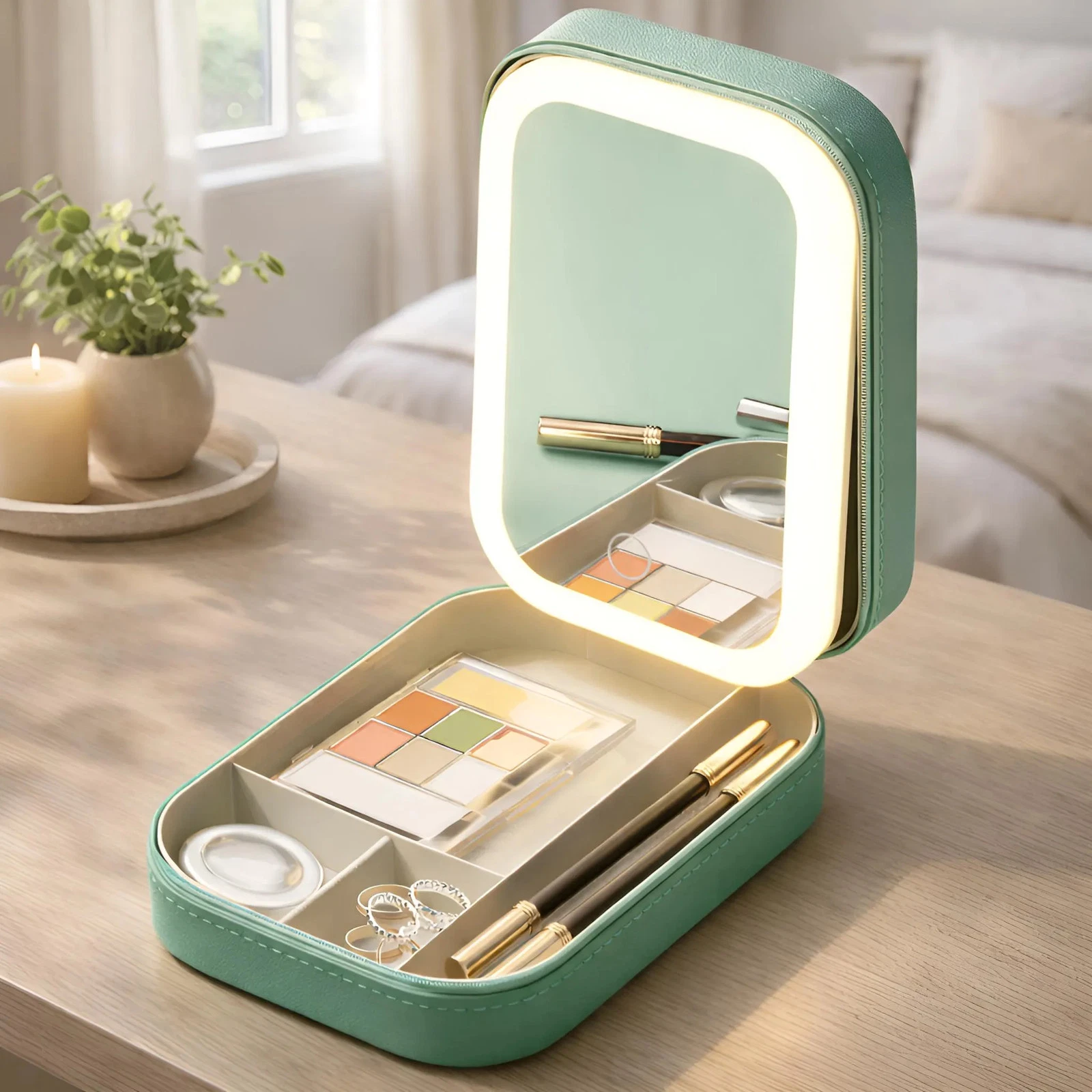 Green LED Travel Makeup Bag, Lighted Cosmetic Organizer, Rechargeable VanityCase