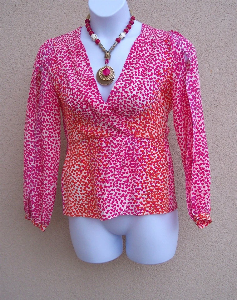 BCBG Max Azria SILK HEARTS Top Blusa Talla S Rosa Rojo Púrpura Camisa Maxazria Foto 3 de 4