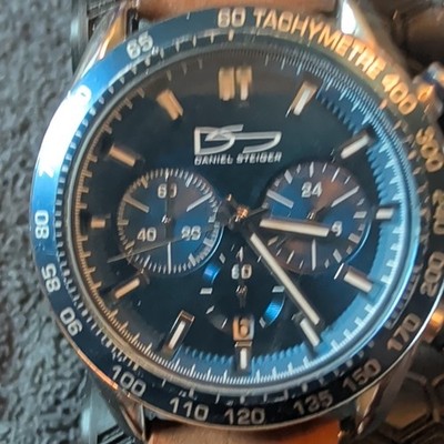 Daniel Steiger Chronograph Quartz Blue Dial Tachymeter Brown Leather Watch