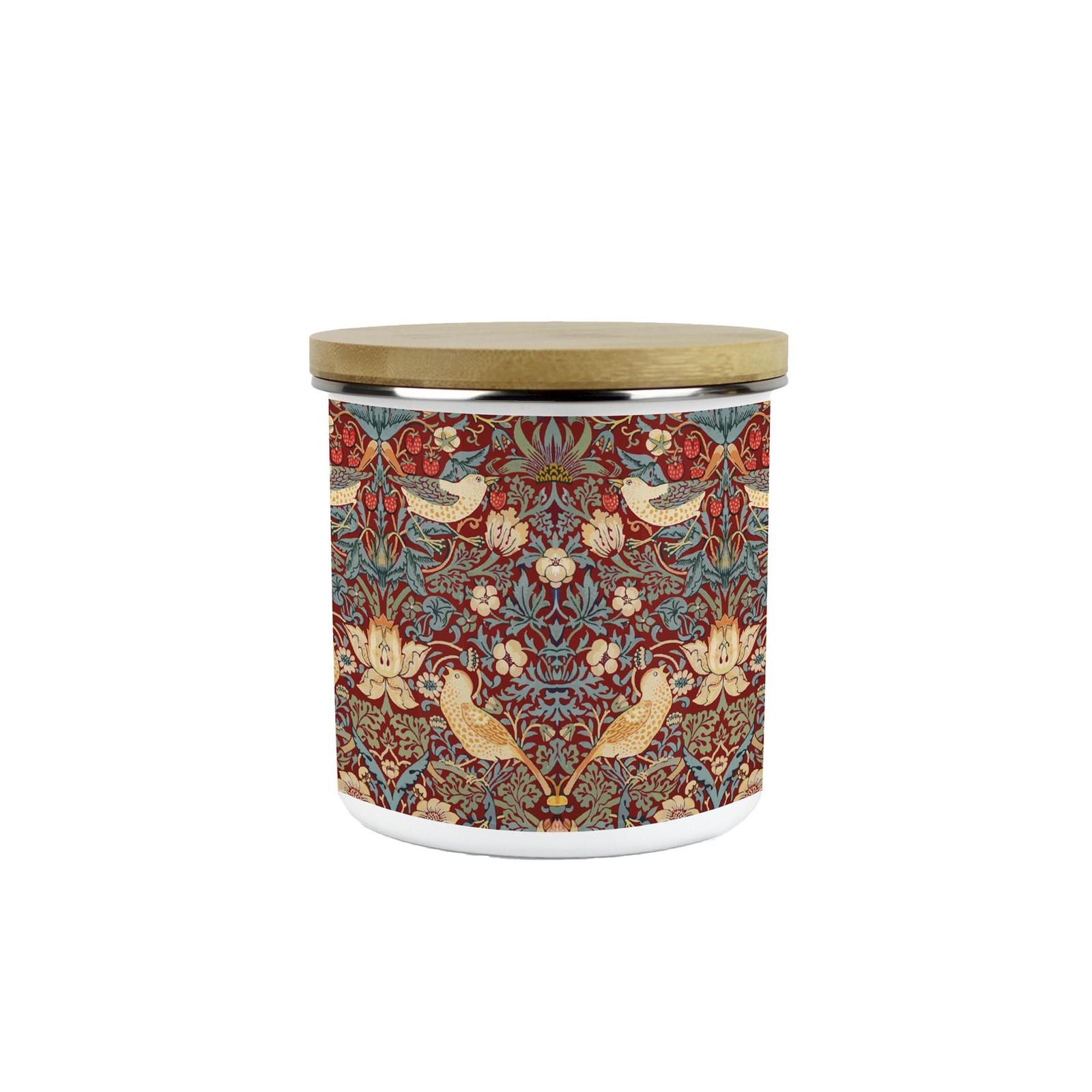 Red Strawberry Thief Storage Canister - Medium Enamel & Bamboo Container