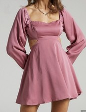 SHOWPO Dolce Back Cutout Long Sleeve Pink Satin Fit Flare Mini Dress Sz 8 US