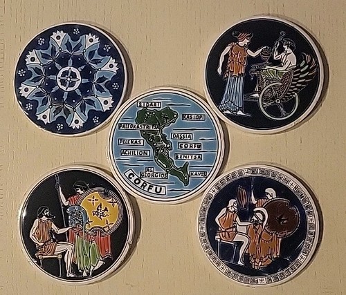 Set Of 5 Handmade Greek Ceramic Coasters Souvenir Corfu $5.00 Shipping .        