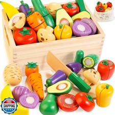 Wooden Play Food Set for Kids Kitchen Cutting Veggies and Fruit